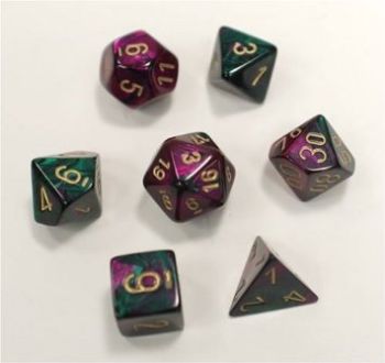 GEMINI GREEN-PURPLE/ GOLD 7- DICE SET