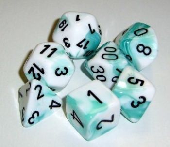 GEMINI WHITE-TEAL/ BLACK 7- DICE SET