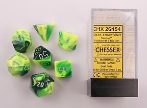 GEMINI GREEN-YELLOW/ SILVER 7- DICE SET