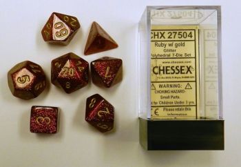 GLITTER POLYHEDRAL RUBY/GOLD 7-DICE SET