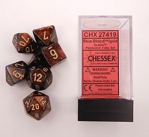 SCARAB BLUE BLOOD/GOLD 7-DICE SET