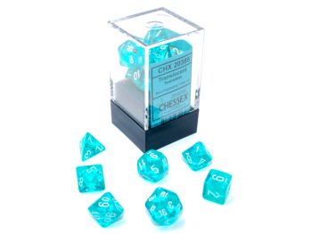 Translucent Teal/White Mini Polyhedral 7-Dice Set