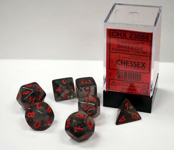 TRANSLUCENT POLYHEDRAL SMOKE/RED 7-DICE SET